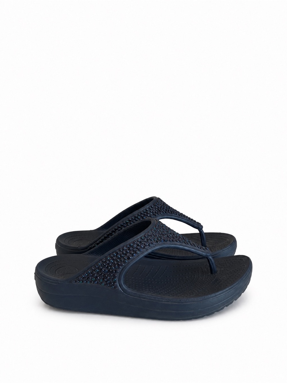 CROCS Navy Blue Platform Flip Sandals with Iridescent Embellishments - Picture 2 of 10